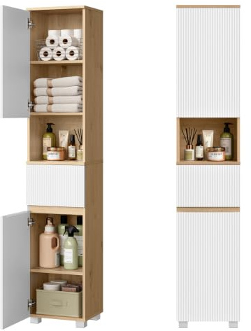 EUGAD Colonne Bain 2 Portes Tiroir Étagères 35x30x176.5cm Blanc+Chêne