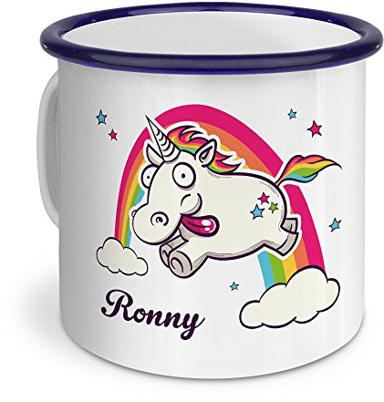 printplanet Emaille-Tasse mit Namen Ronny - Metallbecher mit Design Verrücktes Einhorn - Nostalgie-Becher, Camping-Tasse, Blechtasse, Blau