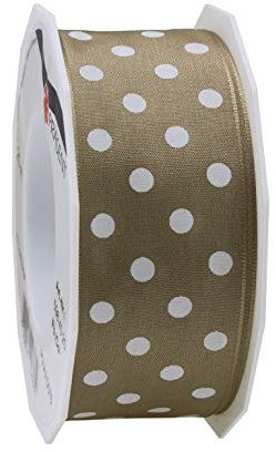 PRÄSENT Polka DOTS Band mit Drahtkante Taupe/weiß, 20 m gepunktetes Dekoband, 40 mm Breite, leicht biegsames Schleifenband zum Dekorieren & Basteln, für besondere Anlässe