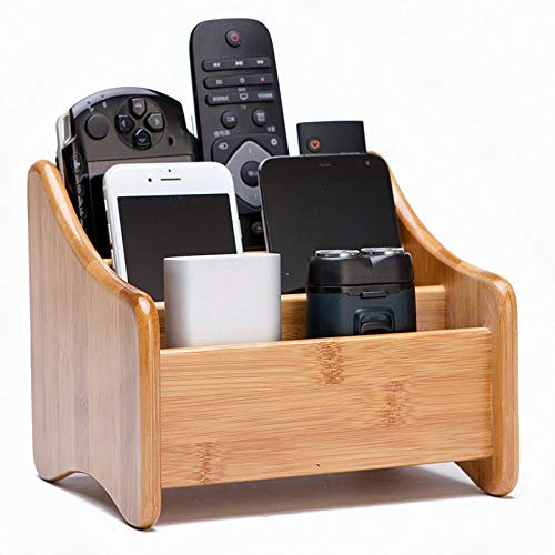 VolksRose Desk Remote Control Holder Multi-Function Coffee Table Office Supplies Storage Organizer, Home Sundries Bamboo Storage Box with 3 Compartments Perfect for Makeup, TV Guide, Pen, Caddy #1