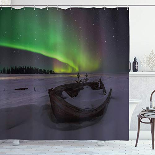 ABAKUHAUS Nordlicht Duschvorhang, Boot und Galaxy, Stoffliches Gewebe Badezimmerdekorationsset mit Haken, 175 x 180 cm, Lila Taupe Grün