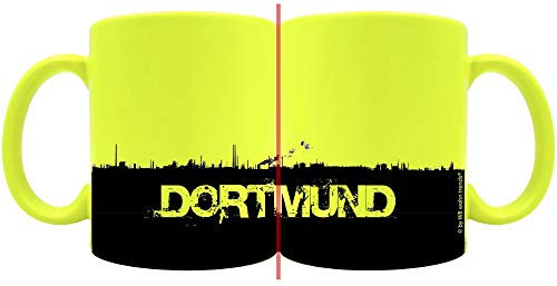 WB wohn trends knallige Tasse mit rundum Motiv: Dortmund Skyline ~ Farbe: neon-gelb ~ Kaffee-Becher mit Motiv