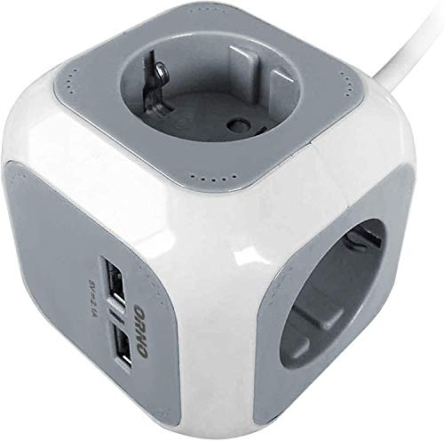 ORNO AE-13144(GS) Steckdosenleiste Würfel Schuko, 2xUSB-Ladegerät, 1,4 m H05VV-F 3x1,5 mm2 (Grauweiß)