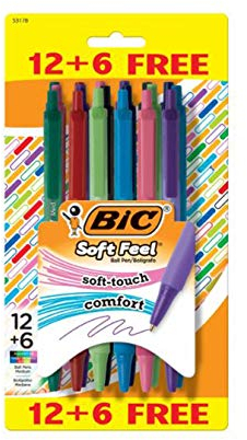 BIC Soft Feel Retractable Ballpoint Pens, Soft Touch Comfort Grip, Medium Point, 1.0mm, 8 Assorted Colors, 12+6 Pack