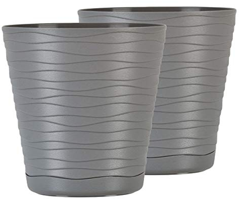 Tymar Blumentopf mit Untersetzer, 2er-Pack, runde Form, Pflanzgefäß, Pflanzkübel für Innen, Pflanztopf aus Kunststoff, Leichter, Doppelpack,mit 3D-Wellendesign (17 cm, Grau)