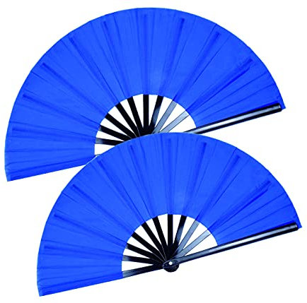 HONSHEN Lot de 2 grands éventails pliables bleus chinois Kung Fu Tai Chi en nylon pour homme et femme Performance, danse, décorations, festival, cadeau (éventail pliable bleu 2p)