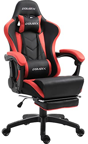 Dowinx Gaming Stuhl Ergonomischer Gamer Stuhl mit Lendenwirbelstütze, PC Bürostuhl Rückenlehne Verstellbarer Drehsessel mit Fußstütze (Schwarz&rot