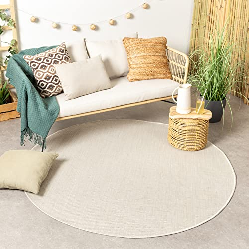 FRAAI In- & Outdoor Teppich Rund - Malta Melange Creme Ø 160cm - Wetterfest - Polypropylen - Flachgewebe - Balkon, Garten/Terrasse, Flur - Terrasse - Rug