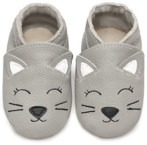 IceUnicorn Krabbelschuhe Baby Lauflernschuhe Jungen Weiche Leder Babyschuhe Kleinkind Lederschuhe mädchen Babyhausschuhe(Hellgraue Katze,6-12)