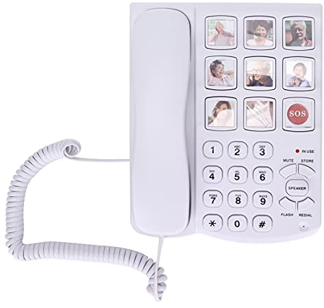 ASHATA Téléphones Filaires, LD‑858HF Téléphone Fixe à Grosses Touches pour la Maison, Téléphone Fixe Filaire à Mémoire Photo Amplifiée pour Personnes âgées