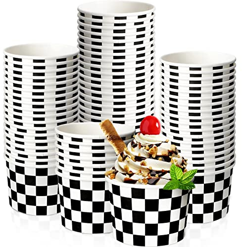 Zopeal 50 Count Black and White Checkered Ice Cream Cups Disposable 9 oz Ice Cream Bowls Paper Race Car Birthday Party Supplies Pudding Snack Cups Sundae Picnic Dessert Yogurt Bowls