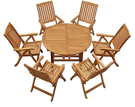 Kai Wiechmann Teak Sitzgruppe 6 Hochlehner klappbar 1 Tisch ausziehbar rund 120 cm im Set