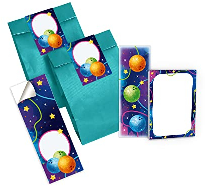 6 Lesezeichen + 6 Mini-Notizblöcke + 6 Geschenktüten (Petrol) + 6 Aufkleber Bowling Bowling-Party Mitgebsel Gastgeschenk beim Kindergeburtstag Jungen Mädchen