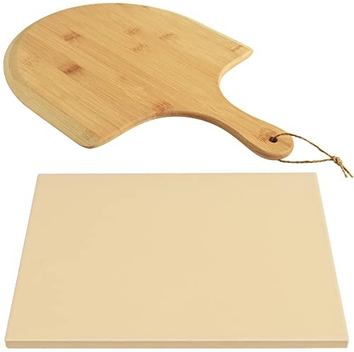 homEdge Juego de piedras para pizza, piedra redonda de cordierita resistente para hornear, para pan, pizza, piedra de cocina con pala de bambú para horno y parrilla, 15 x 12 pulgadas