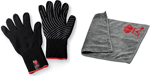 Weber 6670 Premium Handschuhe, Größe L/XL, Grillhandschuhe, bis 260°C & 17689 Mikrofasertuch, Reinigung, polieren, grau, 25.0 x 6.0 x 9.0 cm