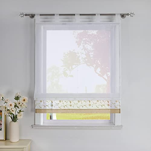 SCHOAL Raffrollo mit Schlaufen Voile Transparente Raffgardine Schlaufenrollo Küche Gardinen Weiß im Landhausstil Wohnzimmer Kinderzimmer 1 Stück BxH 45x150cm Beige