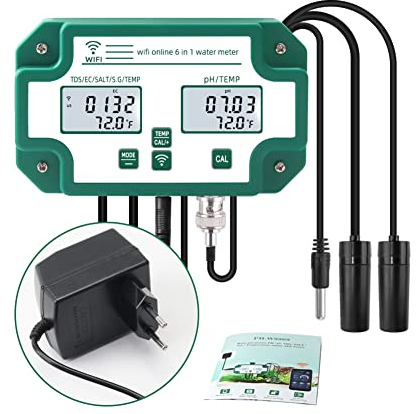 Irfora Comprobador de calidad del agua 6 en 1 con WiFi, monitor de calidad del agua multiparámetro de pH digital/cantidad total de sólidos disueltos/EC/S.G/sal/medidor de temperatura para piscinas de