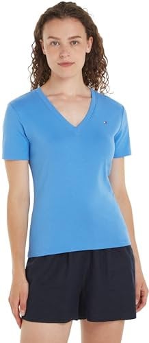 Tommy Hilfiger Camiseta de Manga para Mujer Corta New Slim Cody V-Neck con Cuello de Pico, Azul (Blue Spell), S
