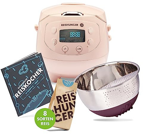 REISHUNGER Digitaler Reiskocher klein, pink | 0,6 L bis 3 Personen | 11-teiliges Starterset inkl. Reiswaschschüssel, Kochbuch & 8 Sorten Reis