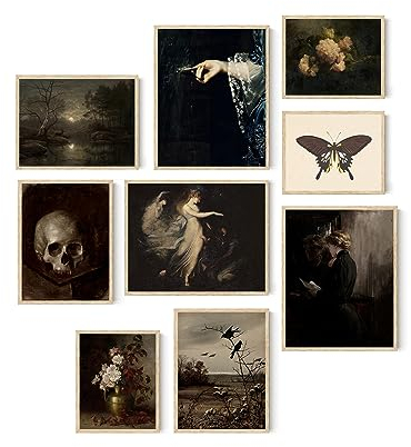 Roslynity Dark Academia Raumdekoration, Wandkunstdrucke, Set mit 9 Stück, Vintage, stimmungsvoll, Gothic, Ästhetik, Gothic, viktorianisch, Damen, floral, antike Galerie, Wanddekoration für Zuhause,