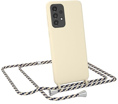 EAZY CASE - Handykette austauschbares Band - kompatibel mit Samsung Galaxy A33 5G Silikon Necklace(abnehmbar),Stoßdämpfung bei Sturz, Taupe mit Taupe/Blau Camouflage Clip Silber
