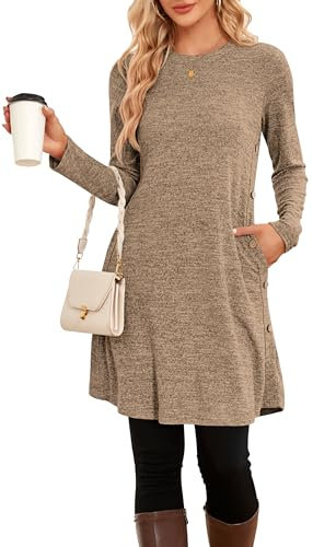 NARRAME Robe Pull pour Femme Printemps-Automne à Manches Longues décontractée Boutons latéraux avec Poches Grand café