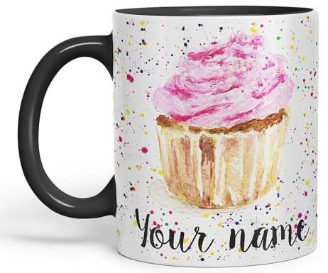 Vixar Personalised with Your Text Cupcake Cake Watercolour Art Coloured Ceramic Mug Cup Gift 330ml 11oz Custom Work Office Tea Coffee (Black)