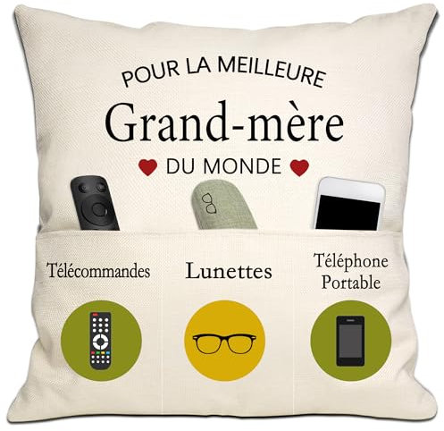 Bommex Cadeau de Grand-mère Meilleure Grand-mère du Monde Housse de Coussin 18x18 Pouces avec 3 Poches pour Grand-mère Cadeau d'anniversaire Cadeau de fête des mères Cadeau de Noël (Grand-mère)