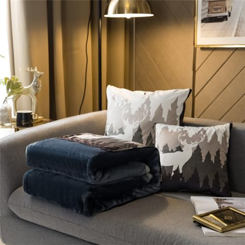 Surwin Reisedecke, Decke und Kissen in Einem, Flauschig Weiche Flanelldecke für Flugzeug, Nordisch Reisekissen mit Reißverschluss umwandelbar zur Decke, Viele Farben (150x200cm,Grauer Wald)