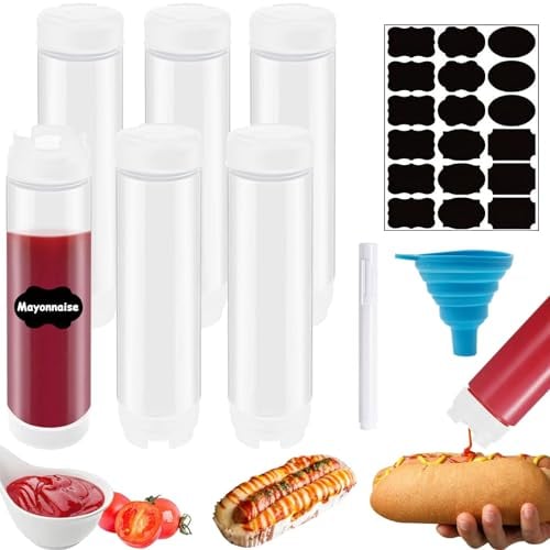 ASMIZ 6 Pcs Squeeze Bottles for Sauces, 16 oz / 500ml Plastic Condiment Squeeze Bottle, Refillable Tip Large Valve Dispenser Ketchup, Sour Cream, Self-Sealing Syrup Dispenser for Restaurants (White)