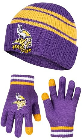 Ultra Game Youth NFL Official Super Soft Team Stripe Winter Beanie Knit Hat with Warm Touch Screen Gloves