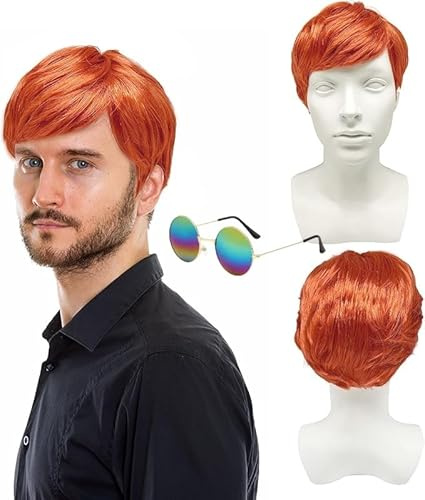 SDXCJY 2pcs Mens Ginger Wig Short Wig with Sunglasses 60s Punk Rock Wig for Men Costume Accessories for Party Carnival Synthetic Fiber (Orange)