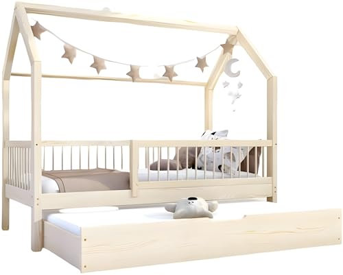 Profiwood Kinderbett mit Zusatzbett 80x160 cm - Hausbett mit Rausfallschutz, 2 elastische Lattenroste bis 150kg, skandinavisches Design, Schubladen, FSC-zertifiziertes Kiefernsperrholz