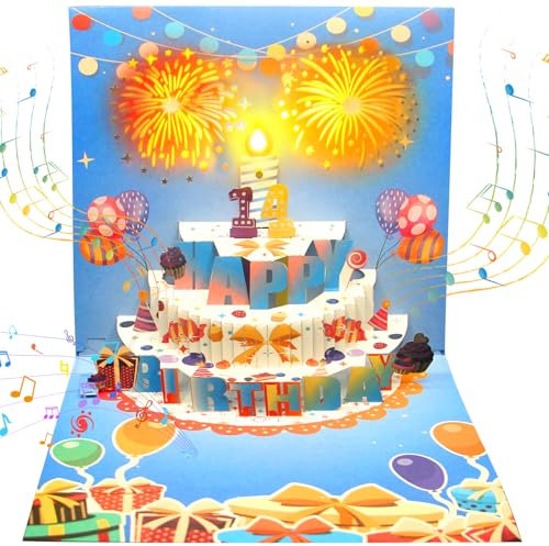 YESLUSY Happy Birthday Pop-up-Geburtstagskarte mit Musik, Lichtern und Zahlenalterskarte, 3D-Feuerwerk-Grußkarte, Geburtstagsgeschenk für Kinder, Frauen, Männer(Hellblaue)