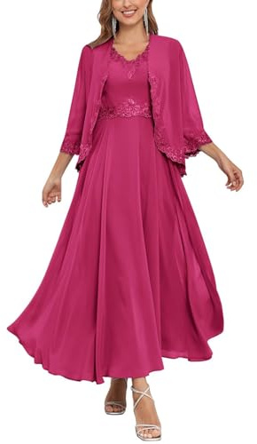 2 Pieces Mother of the Bride Dresses for Wedding with Lace Applique Chiffon Hot Pink Mother of Groom Dress UK18