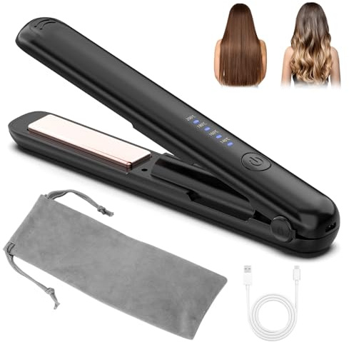 HUIJUTCHEN Cordless Hair Straightener, Mini Travel Flat Portable Wireless Rechargeable 2 in 1 Straightener and Curler Styling Tools Quick Heat Up & 4 Temp Adjustable Present for Women Christmas(black)