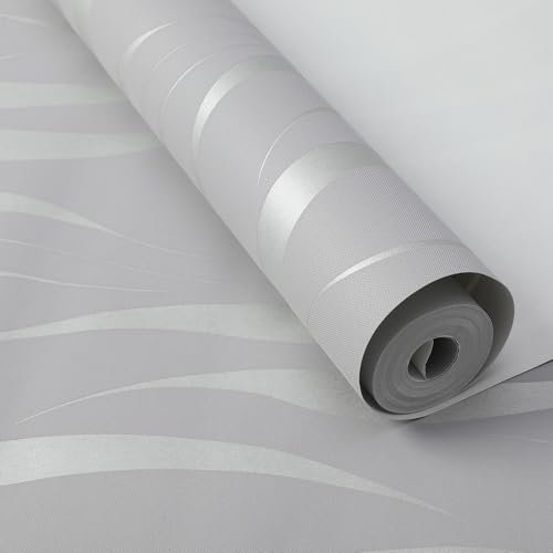 Tarwanear Silver Grey Modern 3D Abstract Curve Wave Wallpaper Textured 3D Flocking Embossed Wallpapers 53cm x 9.5m Wave Stripes Wall Paper Roll for Living Room Bedroom TV Background