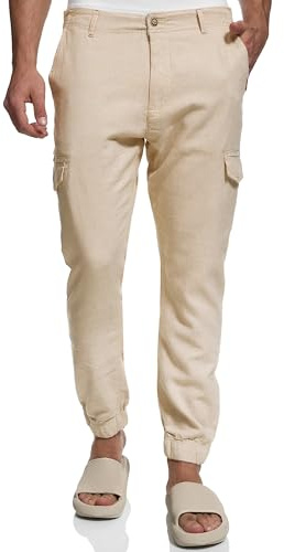 Indicode Herren Booth Cargohose aus Leinen & Baumwolle mit 6 Taschen | Stoffhose für Männer Cornstalk, S