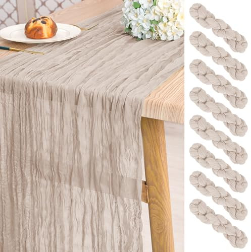 8 Stück Gaze-Käsetuch-Tischläufer,Braun / Grau , 3 m lang, rustikale Gaze, Boho-Stil, Hochzeits-Tischläufer, 55 x 300 cm, für Hochzeit, Brautparty, Party, Bankett,