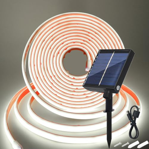 HEGEHE 24V Solar COB Neón Tira, 8 Modos al aire libre IP68 cadena de luces autoadhesivas, Tira de luz solar Cuttable 5cm, 320LEDs/m Super brillante COB Neon LED tira para Garten (Blanco Frio,2m)