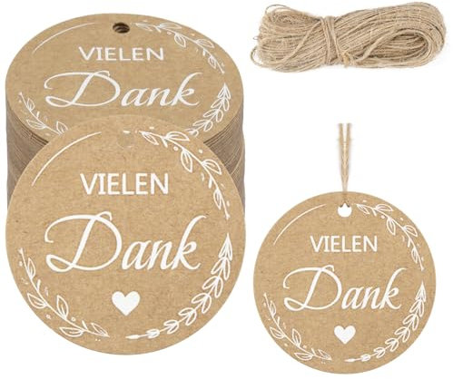 100 Stück VIELEN DANK Geschenkanhänger, 5.5cm Runden Danke Karten Anhänger, Dankeschön Geschenke Kraftpapier Anhänger mit Schnur 20m, Dankeschön Anhänger für Hochzeiten, Feste, DIY Geschenke