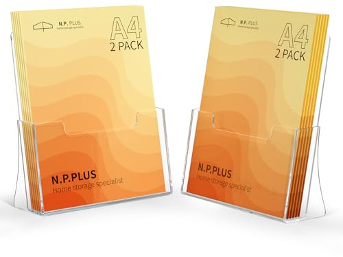 NPPLUS A4 Acrylic Leaflet Holder: 2 Pack Clear Brochure Stand Holder, Counter Booklet Holder for Flyers, Posters, Catalogs, Freestanding Menu Display Rack for Restaurant, Retail, Hotel