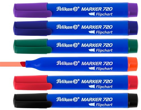 Pelikan Flipchart Marker 720, Set mit 6 Farben, mit Keilspitze ca. 2,0 - 5,0 mm Linienbreite, lange Lebensdauer, hohe Qualität
