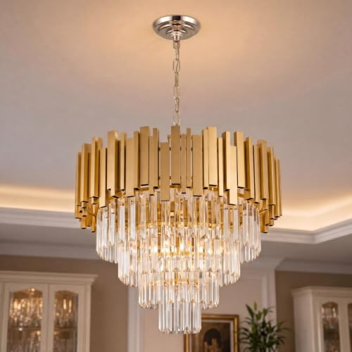 MSSIAN Kronleuchter Gold Kristall Modern & Kronleuchter Vintage Kristall | Kristall Pendelleuchte für Wohnzimmer, Esszimmer und Schlafzimmer, 4-stufiger K9-Kristall, mit 7 × E14-Fassungen