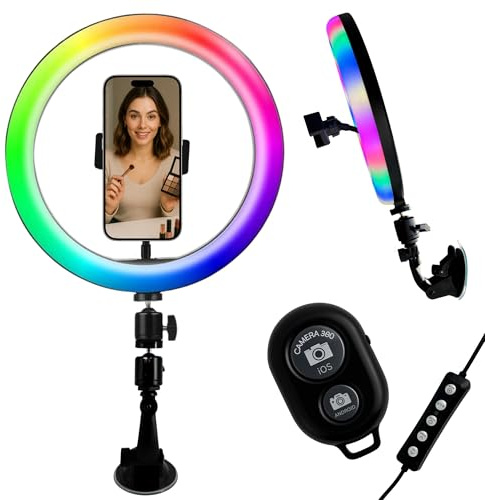 TronicXL Smartphone Saugnapf Halterung mit Buntem Ringlicht und Fernbedienung I Für Spiegel Fenster Handy Halter I Selfie Video Foto Stativ für Apple iPhone Google Samsung Xiaomi