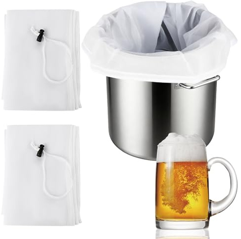 3 Stk Filterbeutel Siebbeutel, 250 Mesh Wiederverwendbar Brew Bag - 66x56cm | Nylon Hopfenfilter Siebbeutel mit Kordelzug, Filtersack für Obstpresse Wein Marmelade, Bierbrauen, Saftpressen, Auspresstuch