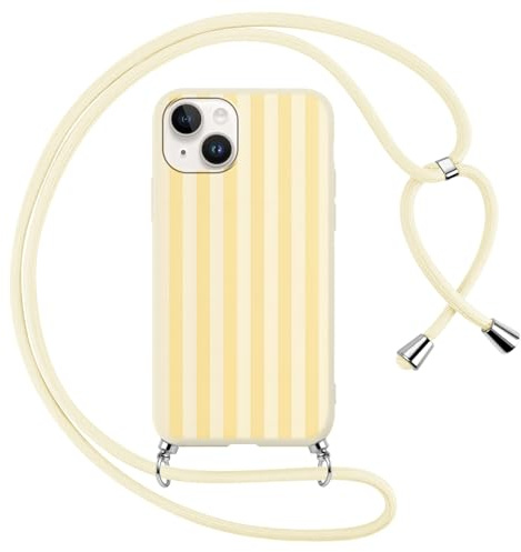 Foonary Rayas Funda con Cuerda para iPhone 16 Pro, Carcasa Silicona Aesthetic Stripes Dibujos Verano Case con Ajustable Collar Correa de Cuello Cordón Antigolpes Cover para iPhone 16Pro 6,3,Amarillas