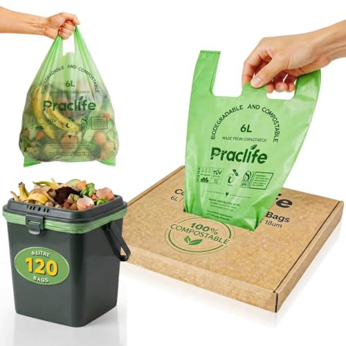 120pcs Compostable Food Waste Bags, 6L Biodegradable Caddy Bin Liners Tie Handle, EN13432 Certificate, Small Kitchen Recycling Garbage Trash Bags