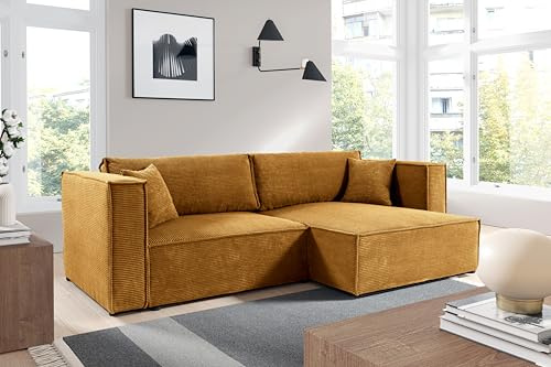 Furnisell KEYMON Cord Ecksofa mit Schlaffunktion und Bettkasten, Schlafsofa mit 200 x 136 cm Liegefläche (Gelb)