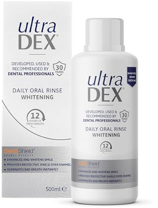 UltraDEX Daily Oral Rinse Whitening, 500 ml | Alcohol Free Mouthwash for Bad Breath, Fresh Breath & Teeth Whitening Antibacterial Plaque Removal & Enamel Protection
